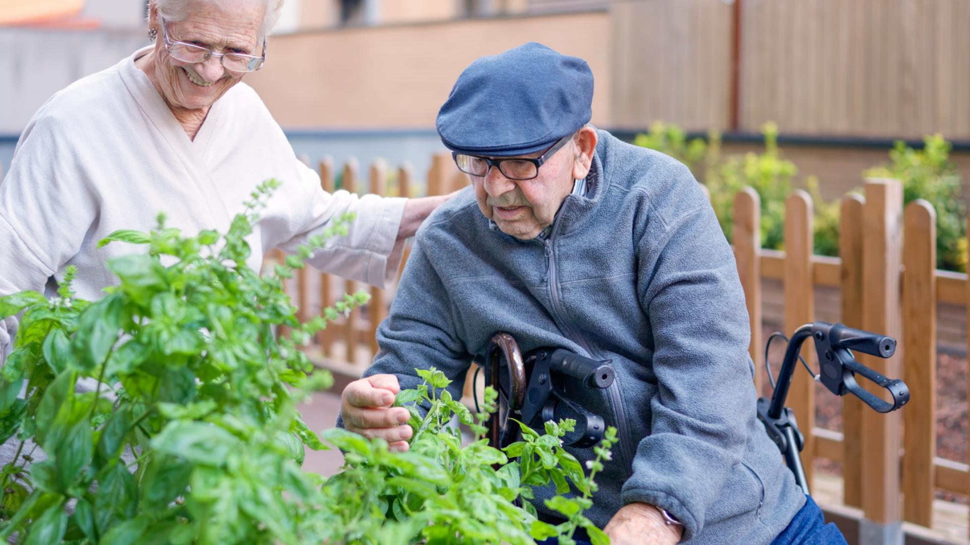 elderly people in a care home garden